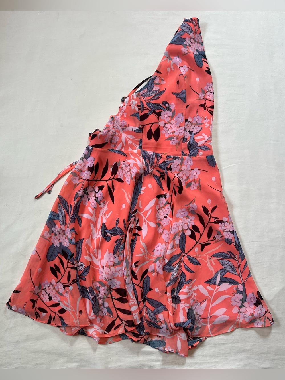 bebe Coral Floral One-Piece Romper with Pink & Navy Accents